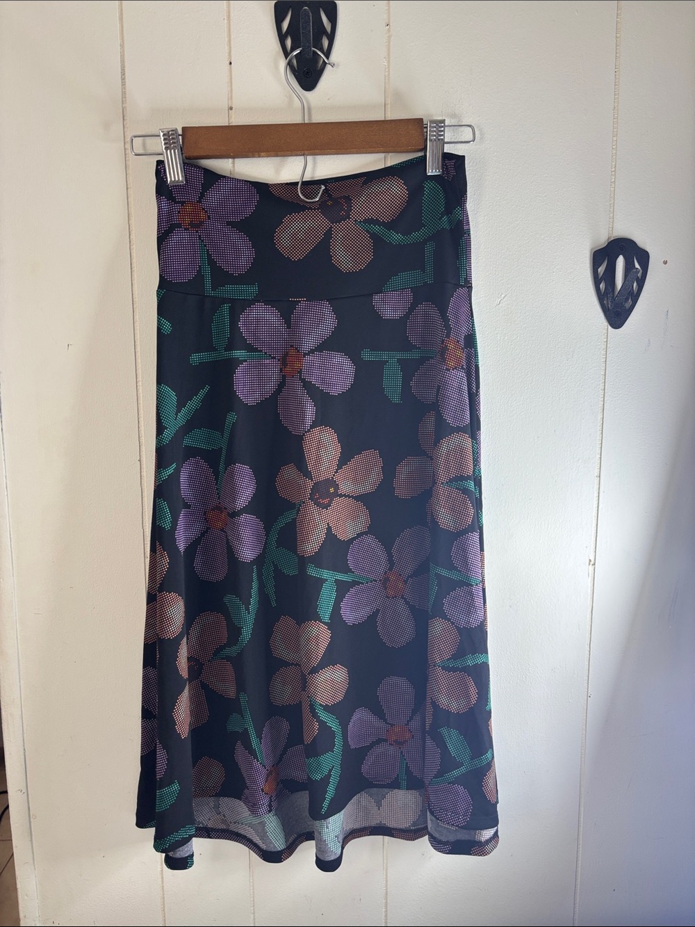418- LuLaRoe Black Skirt with Purple, Teal, Orange and Pink Dot Flower Pattern